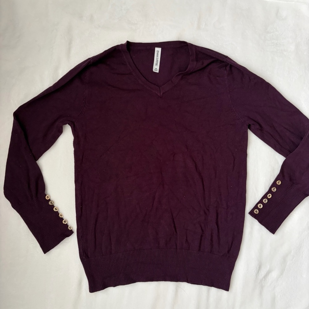 V-Neck Button-Cuff Sweater in Deep Plum